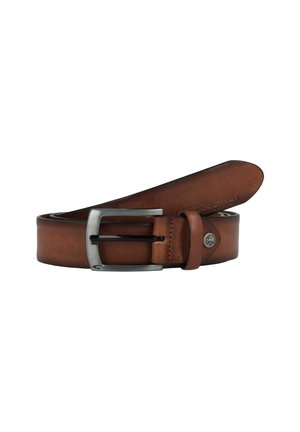 Brown leather belt with a smooth texture, featuring a metal buckle and a slight curve at the end. Subtle branding on the strap.