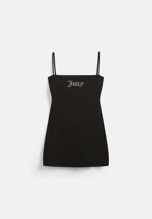 Melns bezpiedurkņu kleita ar plānajām siksnām, izgatavota no mīksta auduma. Priekšpusē ir sudraba rhinestone "Juicy" logo.