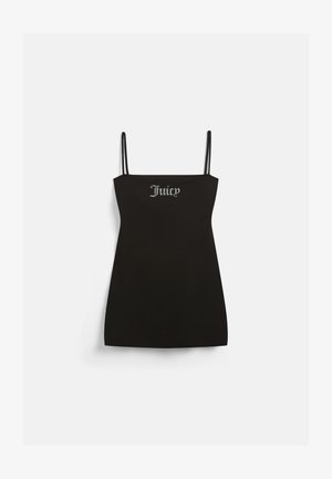 Vestido preto sem mangas com alças finas, feito de tecido suave. Apresenta um logo em strass prateado "Juicy" na frente.