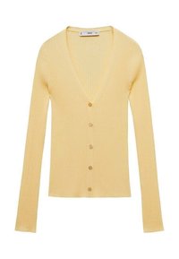 Gelber, gerippter Cardigan mit tiefem V-Ausschnitt, langen Ärmeln und sechs Knöpfen vorn. Weiche Textur und figurbetontes Design.