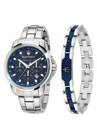 Orologio Maserati da uomo con cinturino in acciaio inossidabile argento, quadrante blu e accenti cronografici bianchi. Include un bracciale abbinato blu e argento.
