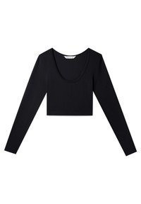 Czarny, prążkowany, długi rękaw, krótki top z szerokim, okrągłym dekoltem. Miękka tekstura, dopasowany fason i prosty design. Brak widocznych elementów metalowych lub wzorów.