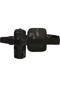 Borsa a cintura mimetica in nero e verde, con una tasca principale e un portabottiglie attaccato. Realizzata in tessuto resistente.