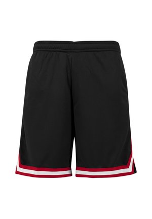 Shorts de sport noirs avec taille élastique, présentant des bandes en chevron rouges et blanches près de l'ourlet sur les deux jambes.
