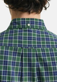 Rückansicht einer Person, die ein grün-blaues kariertes Hemd mit Knopf am Kragen trägt, vor einem weißen Hintergrund.