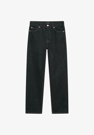 Donkerdenim jeans met een rechte pijp, vijf zakken en contrasterende oranje stiksels. Metalen knoop en ritssluiting in de taille.