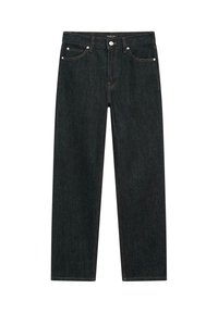 Tmavé džínové kalhoty se středním střihem, pěticí kapsami a kontrastním oranžovým prošíváním. Kovový knoflík a zip na zapínání v pase.