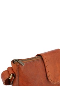 Brun läder crossbody-väska med dragkedjestängning, böjd form och synliga söm detaljer. Har en axelrem och en liten metallaccent.