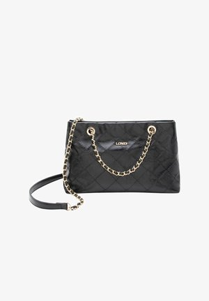 Schwarze gesteppten Handtasche mit goldfarbenem Ketten- und Beschlägen, mit einer strukturierten rechteckigen Form und einem abnehmbaren Riemen.