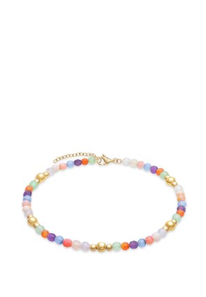 Delicato braccialetto con perline tondo multicolore e oro, dotato di chiusura a moschettone in oro e catenella regolabile.