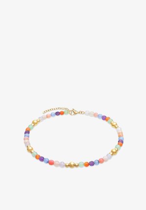 Zarter Perlenarmband mit runden mehrfarbigen und goldfarbenen Perlen, ausgestattet mit einem goldfarbenen Karabinerverschluss und verstellbarer Kette.