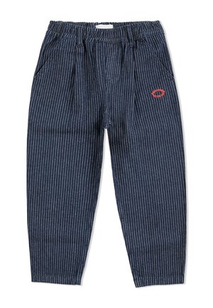 Pantalons bleu marine à rayures en tissu texturé, dotés d'une taille élastique, de poches inclinées et d'un petit détail de logo rouge.