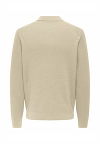 Beżowy sweter z długim rękawem, dzianinowy, z prążkowanym kołnierzem, mankietami i dołem, ukazany z tyłu na białym tle.