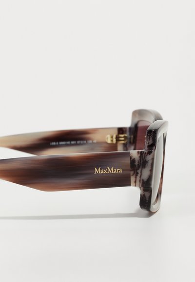 Sunglasses with a dark tortoiseshell pattern, wide square frames, and a gold "MaxMara" logo on the side, featuring a glossy finish.