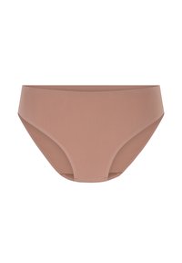 Lichtbruine bikini briefs met een gladde textuur, hoge tailleontwerp en minimalistische stijl. Gemaakt van rekbaar, geribbeld materiaal.