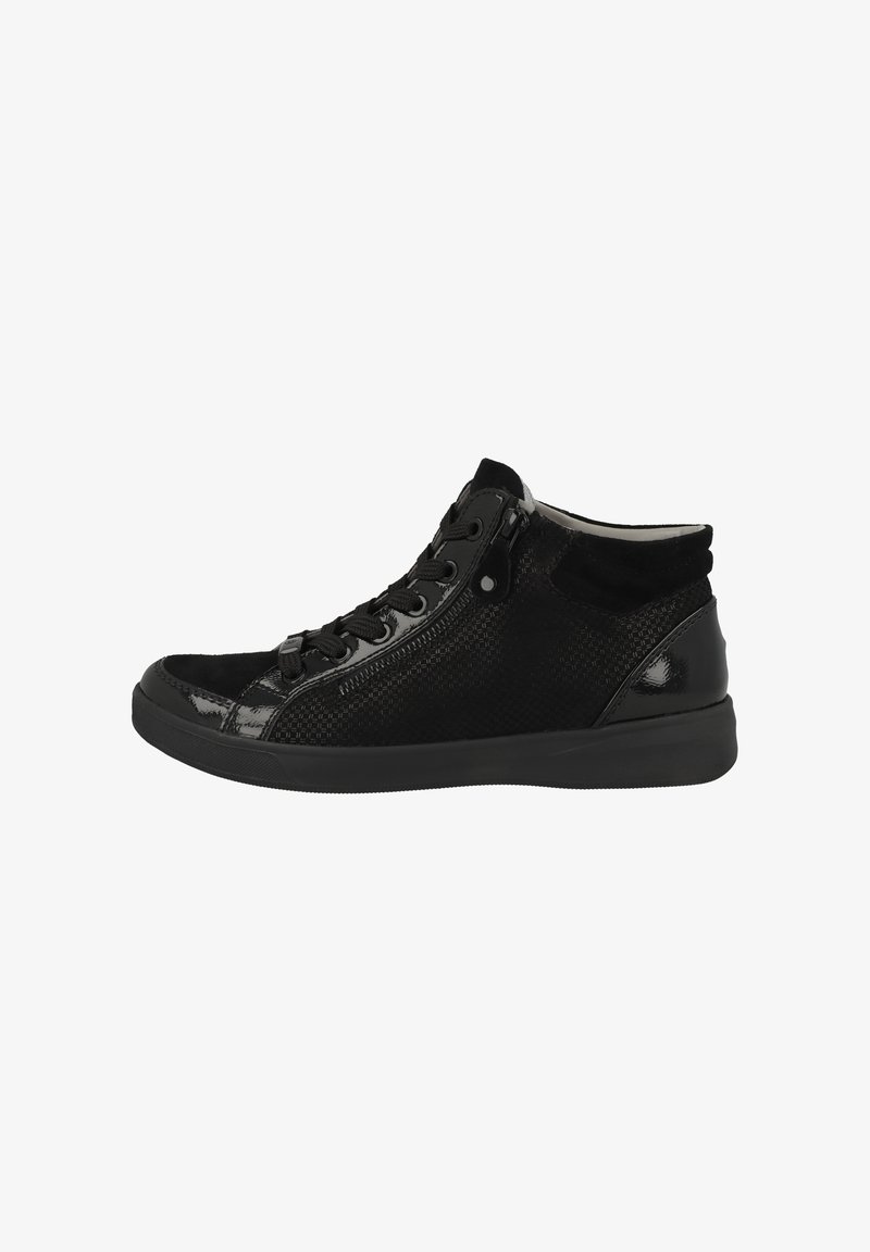 Baskets montantes noires en mélange de cuir verni brillant et de tissu texturé, avec des fermetures à lacets et à fermeture éclair pour un ajustement réglable.