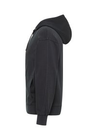 Black cotton hoodie with a kangaroo pocket, adjustable drawstring hood, and ribbed cuffs. Side view shows a relaxed fit and smooth texture.