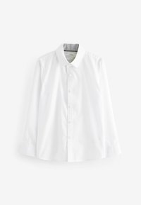 Weißes Langarmshirt mit klassischem Kragen, vorderer Knopfleiste und grauem, gemustertem Innenkragenfutter. Glatte, gewebte Stoffoberfläche.