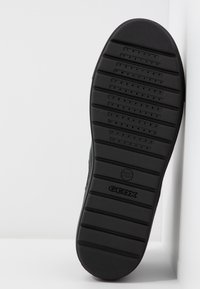 Suola di scarpa in gomma nera con scanalature orizzontali, fori di ventilazione e logo del marchio "GEOX" impresso al centro.