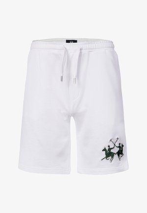 Białe bawełniane spodenki z troczkiem, elastycznym paskiem i czarnym haftowanym logo gracza polo na lewej nodze.