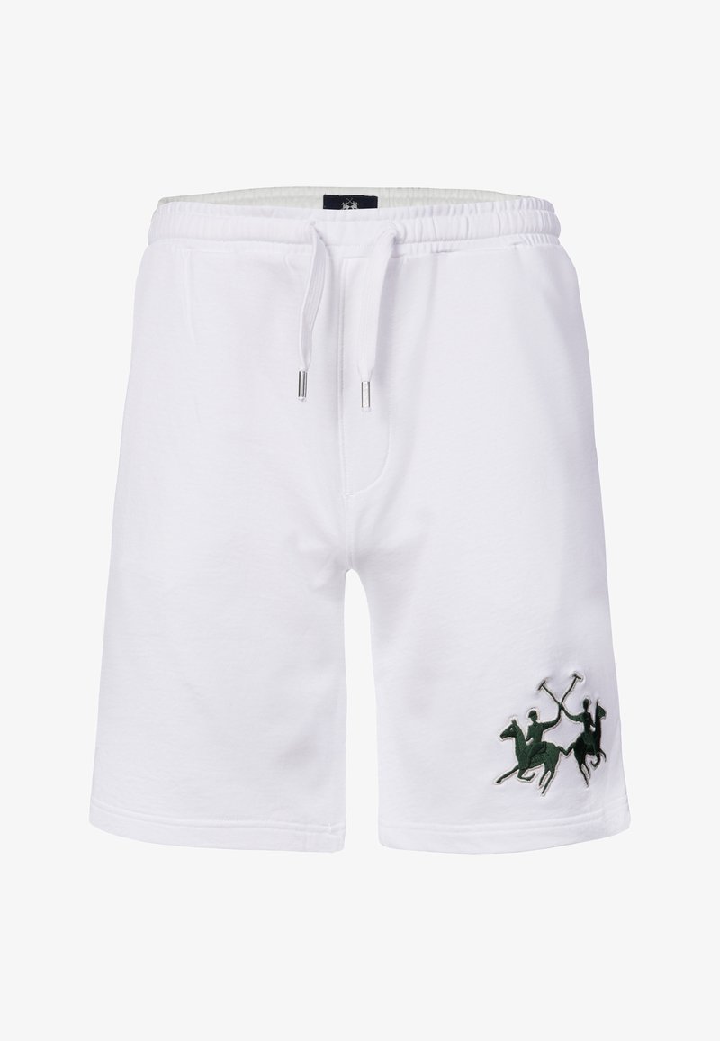 Witte katoenen short met trekkoord, elastische tailleband en zwart geborduurd polospelerlogo op het linkerbeen.