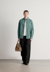 Rohelise ruudulise nööpidega pluus, valge alussärk, laiad mustad püksid ja pruun käekott. Lihtne disain, juhuslike elementidega. Sile kangastekstuur.