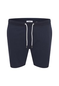 Marineblaue Baumwollshorts mit elastischem Bund, weißem Kordelzug und silbernen Ösen. Glatte Textur mit einem lässigen Design.