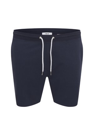 Marineblaue Baumwollshorts mit elastischem Bund, weißem Kordelzug und silbernen Ösen. Glatte Textur mit einem lässigen Design.