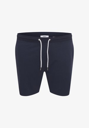 Granatowe krótkie spodenki bawełniane z elastycznym paskiem, białym sznurkiem i srebrnymi oczkami. Gładka faktura z casualowym stylem.