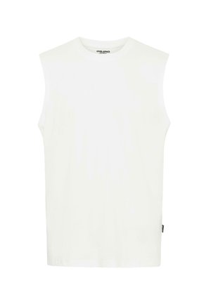 Wit mouwloos T-shirt van glad katoenen stof, met een ronde halslijn en een rechte snit met een klein logo aan de zijkant.