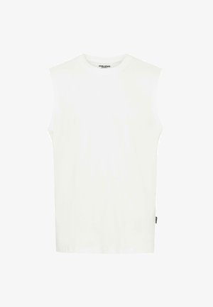 Wit mouwloos T-shirt van glad katoenen stof, met een ronde halslijn en een rechte snit met een klein logo aan de zijkant.