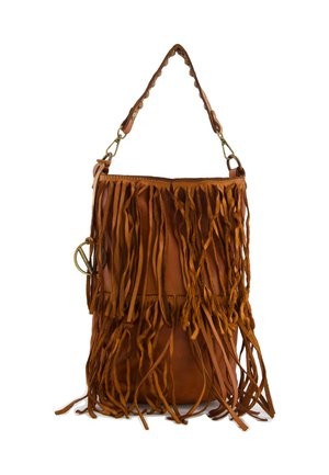 Brown leather handbag with long fringes, a braided strap, and circular hardware accent. Soft texture with a structured shape.