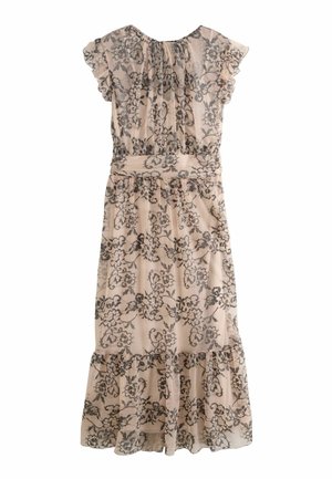 Béžové midi šaty s čiernou kvetinovou čipkovou aplikáciou, krátkymi volánkovými rukávmi, pásom v páse a vrstveným lemom.