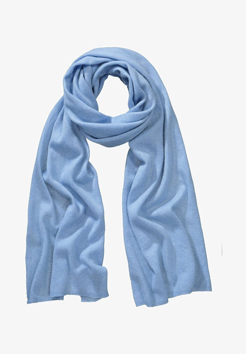Lys blå tørklæde lavet af blødt stof, med et flydende design, blød tekstur og løse draperinger, ingen synlige mønstre eller hardware.