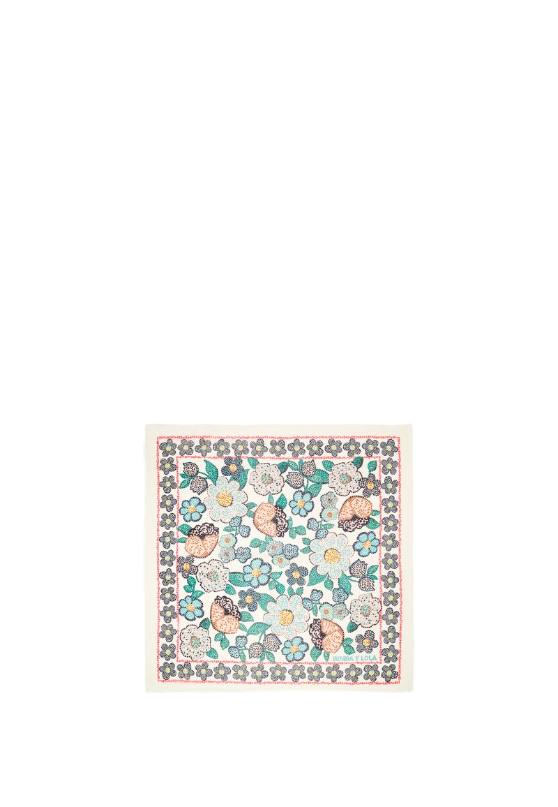 Pañuelo cuadrado con un patrón de flores y conchas en tonos teal, rosa y negro sobre un fondo crema. Terminado con un borde decorativo.