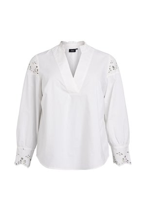 Witte katoenen blouse met een V-hals, met pofmouwen en geborduurde kanten afwerking aan de schouders en manchetten.