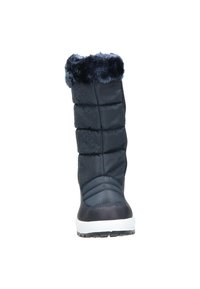 Waterdichte zwarte winterlaars met een gevoerde bovenkant van stof, faux fur rand, patroonaccenten en rubberen zool voor grip.