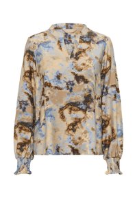 Könnyű anyagból készült blúz beige, barna és kék absztrakt mintával. V-alakú nyakkivágással és ráncolt mandzsettával rendelkezik. Hosszú ujjú.