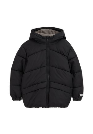 Schwarze Steppjacke mit Kapuze, Frontreißverschluss, diagonaler Steppung, elastischen Bündchen und einem Fleecefutter, das innen in der Kapuze sichtbar ist.