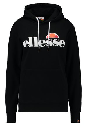 Svart hettegenser med kengurulomme, snor, og stor hvit "ellesse" logo med oransje aksent. Ribbestrikkede mansjetter og nederkant.
