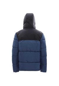 Marineblaue Steppjacke mit schwarzer Kapuze, ausgestattet mit gesteppten Abschnitten und einer normalen Passform. Glatte, glänzende Textur mit hohem Kragen.