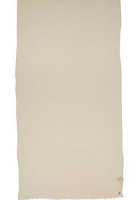 Beige rectangular shawl with fringed edges, made of a soft fabric. Features a small tag in one corner, smooth texture throughout.