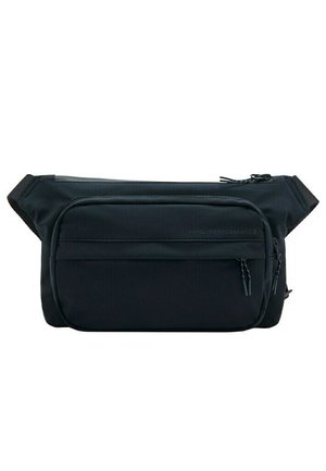 Schwarze rechteckige Bauchtasche mit mehreren Reißverschlussfächern und verstellbaren Riemen vor weißem Hintergrund.