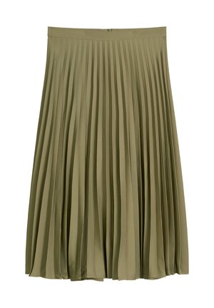 Olive green midi-length pleated skirt with a waistband and concealed back zipper closure.