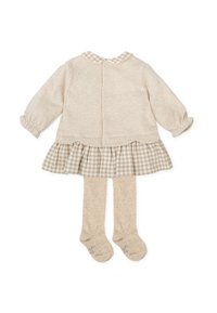 Robe en coton beige avec un col à carreaux vichy, un ourlet froncé et des manches longues. Inclut des collants tricotés beiges assortis.