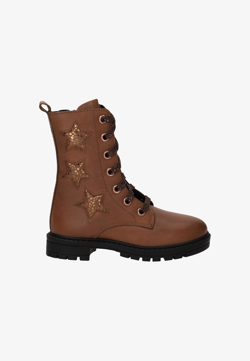 Bruine leren enkelboots met drie gouden steraccenten, bruine veters en een zwarte rubberen zool, voorzien van een trekband voor gemakkelijk aan- en uittrekken.