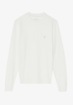 Pull blanc à manches longues, col rond, et petit logo brodé sur la poitrine. Fabriqué en maille douce.