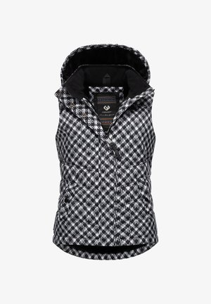 Valkoinen ja musta puffatakki, jossa on houndstooth-kuvio, huppu, etuvetoketju ja vaakaompeleet. Pehmeä musta vuori.