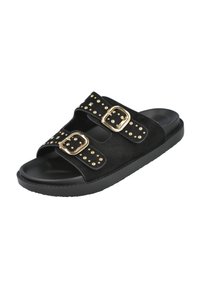 Sandalias deslizantes de ante negro con dos correas anchas, hebillas doradas y tachuelas doradas. Plantilla contorneada y suela de goma negra para un buen agarre.