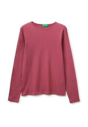 Langärmliges Shirt mit Rundhalsausschnitt in Mauve, schlichtem Design, weichem Stoff und grünem Etikett innen am Kragen.